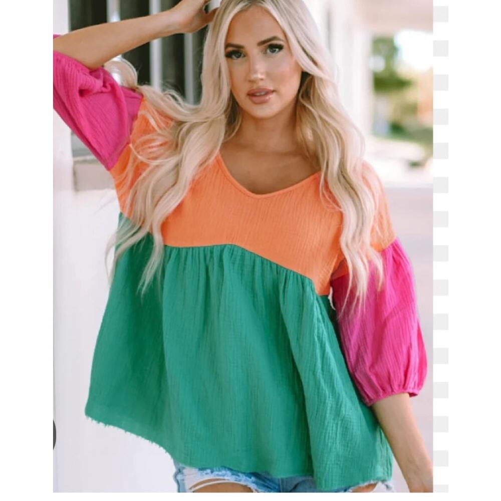 5496) Multi Color lock Crinkle Babydoll Bubble Sleeve Cotton Top XL